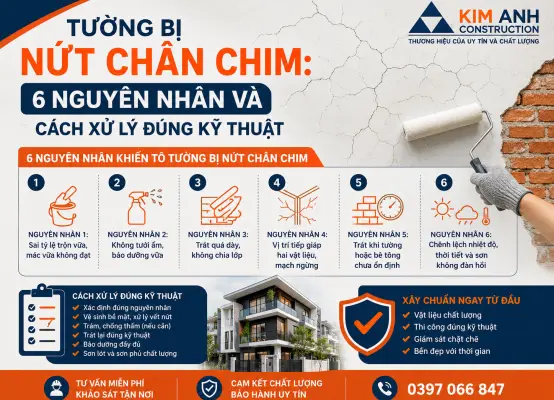 Tường bị nứt chân chim: 6 nguyên nhân và cách xử lý đúng kỹ thuật