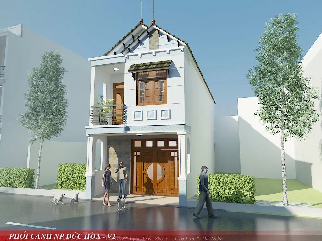 Phối cảnh 3D phương &aacute;n 2 nh&agrave; m&aacute;i ng&oacute;i tại Đức H&ograve;a Long An &ndash; X&acirc;y Dựng Kim Anh thiết kế