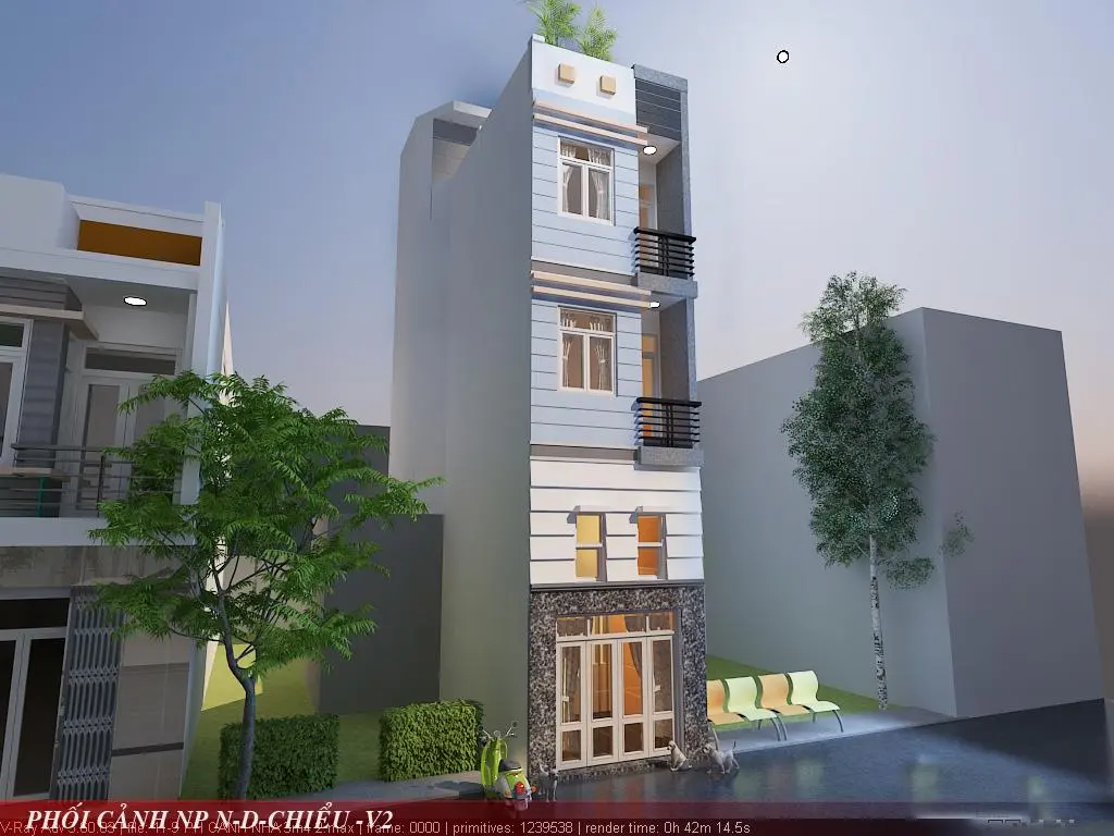 Phối cảnh 3D nh&agrave; phố trệt lửng 2 lầu tum x&acirc;y trọn g&oacute;i tại Nguyễn Đ&igrave;nh Chiểu Quận 3 của X&acirc;y Dựng Kim Anh