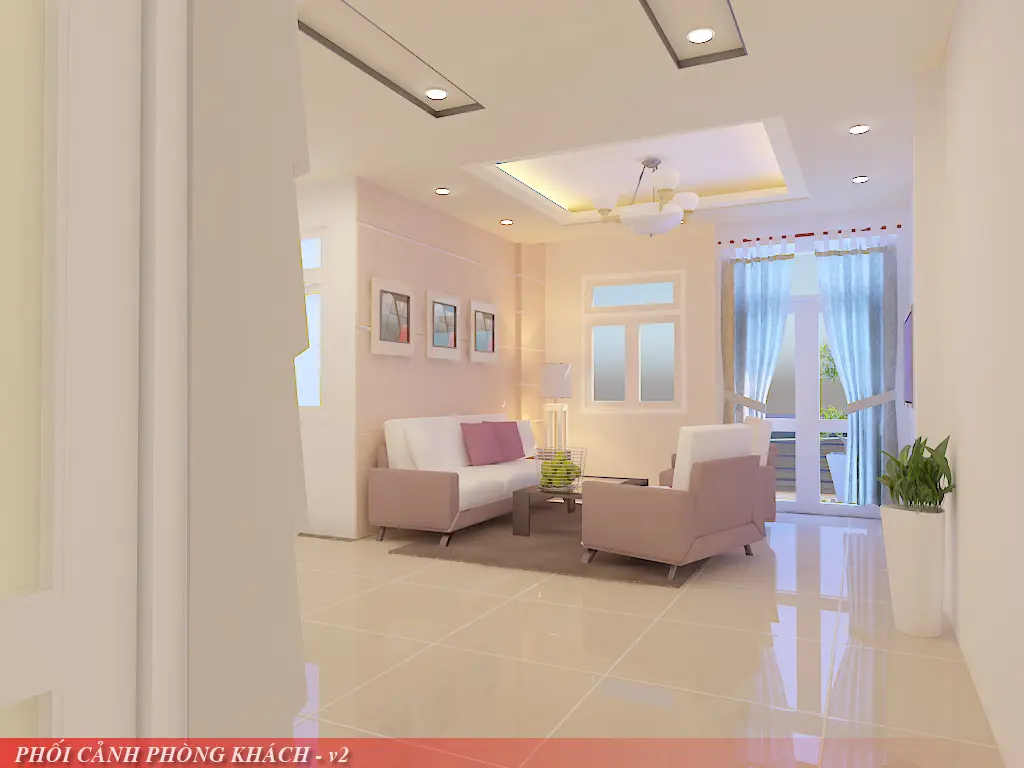 Phối cảnh ph&ograve;ng kh&aacute;ch tầng trệt nh&agrave; phố Thạnh Mỹ Lợi Thủ Đức
