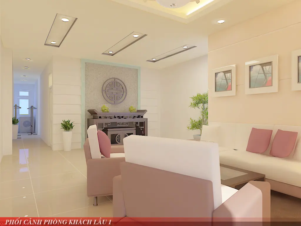 Phối cảnh ph&ograve;ng kh&aacute;ch lầu 1 kết hợp ph&ograve;ng thờ tại nh&agrave; phố Thạnh Mỹ Lợi