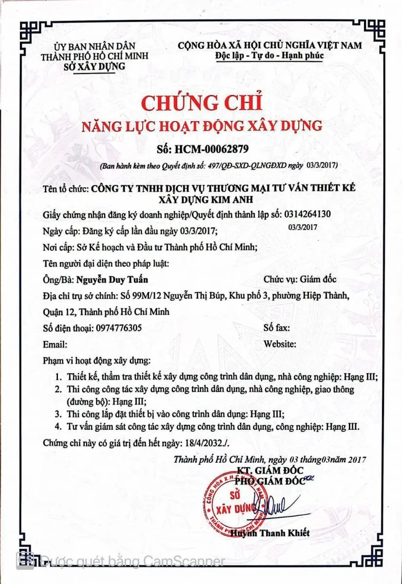 Chứng chỉ năng lực hoạt động x&acirc;y dựng X&acirc;y Dựng Kim Anh