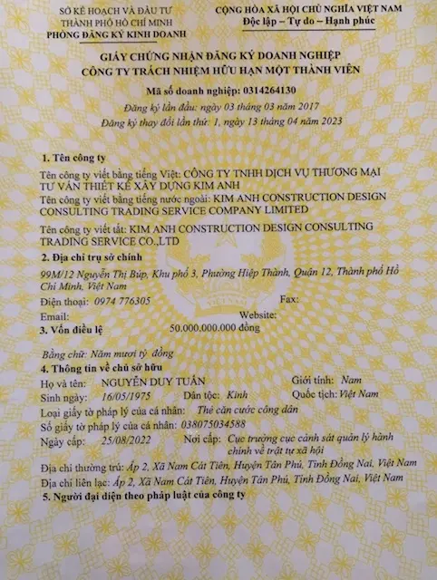 giấy chứng nhận đăng k&yacute; doanh nghiệp