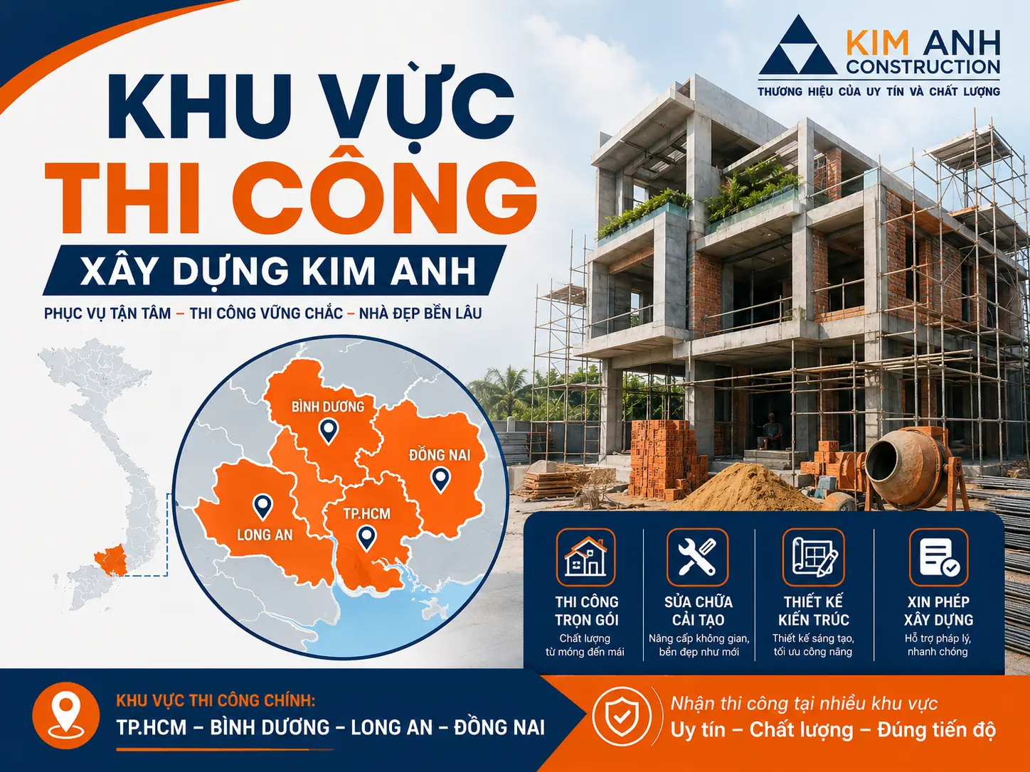 X&acirc;y Dựng Kim Anh nhận thiết kế v&agrave; thi c&ocirc;ng tại tất cả c&aacute;c quận huyện TP.HCM, c&ugrave;ng c&aacute;c tỉnh l&acirc;n cận gồm B&igrave;nh Dương, Đồng Nai v&agrave; Long An