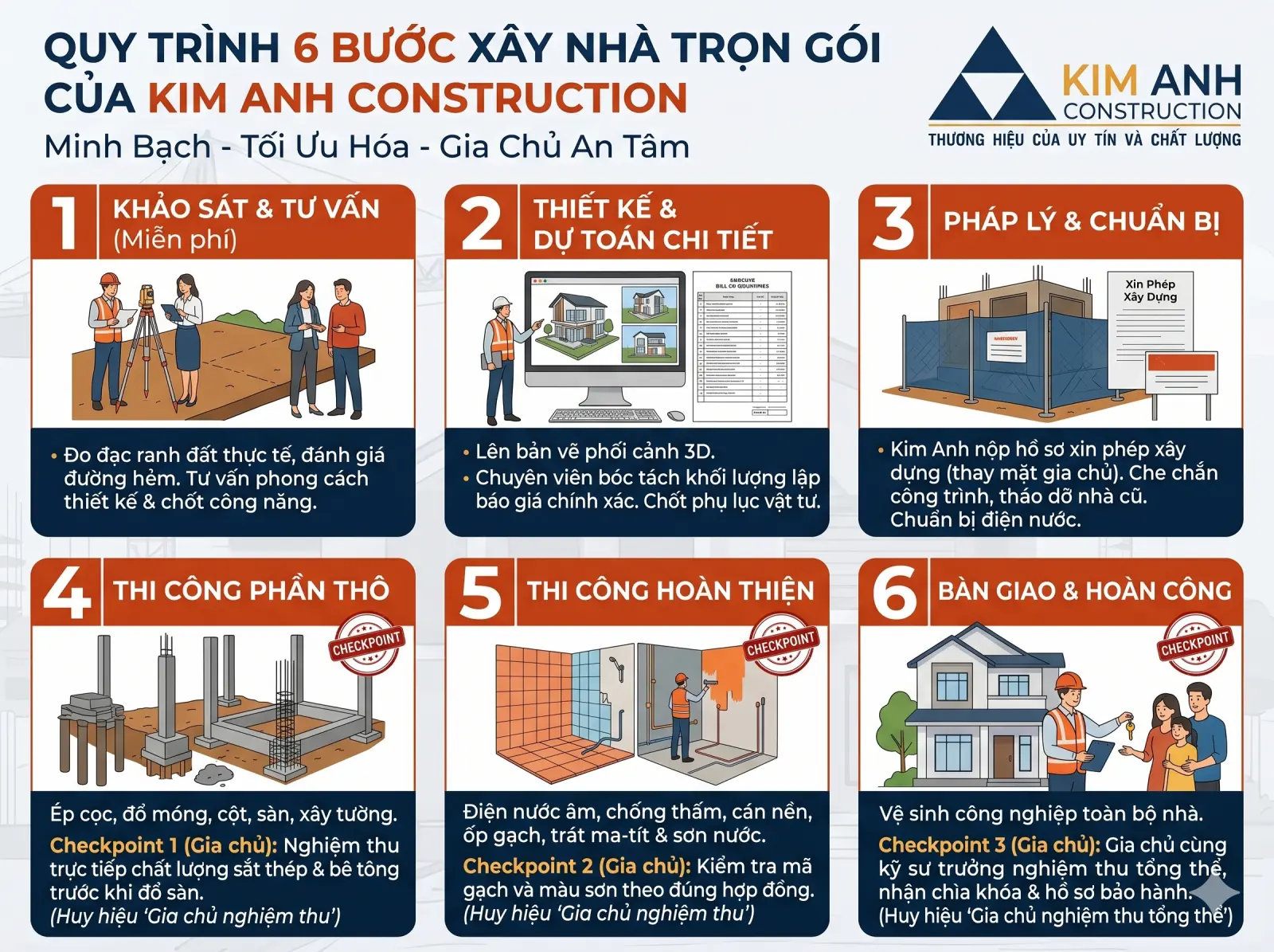 Sơ đồ tư duy 6 bước quy tr&igrave;nh x&acirc;y nh&agrave; trọn g&oacute;i minh bạch của X&acirc;y Dựng Kim Anh