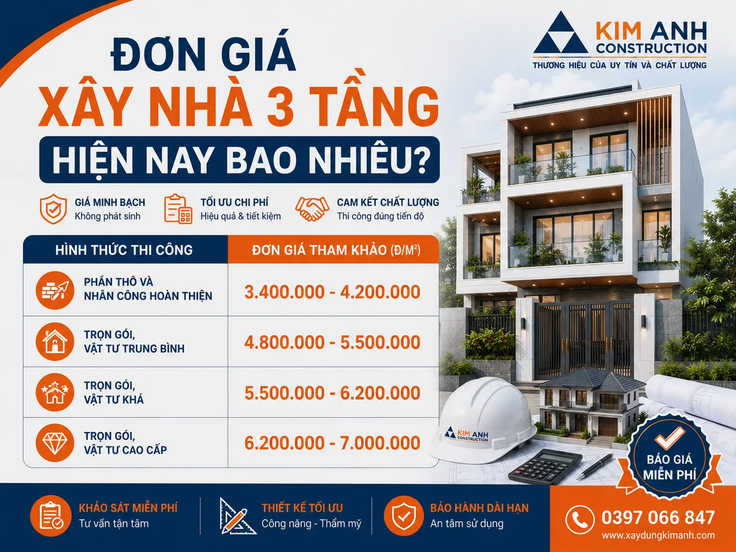 Bảng đơn gi&aacute; x&acirc;y nh&agrave; 3 tầng hiện nay