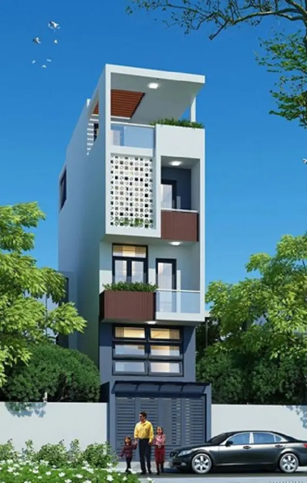 Mẫu nh&agrave; ống 3 tầng 1 tum mặt tiền 5m với tum l&agrave;m ph&ograve;ng thờ v&agrave; s&acirc;n thượng.​​​​​