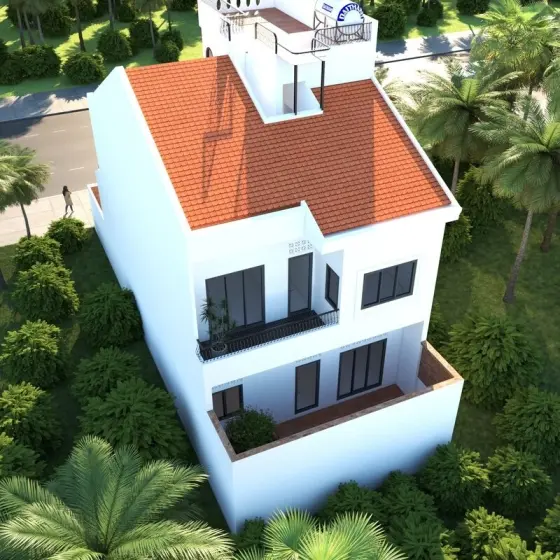 Mẫu nh&agrave; 3 tầng Indochine, lam gỗ tự nhi&ecirc;n, gạch b&ocirc;ng trang tr&iacute; sảnh, t&ocirc;ng v&agrave;ng c&aacute;t ấm