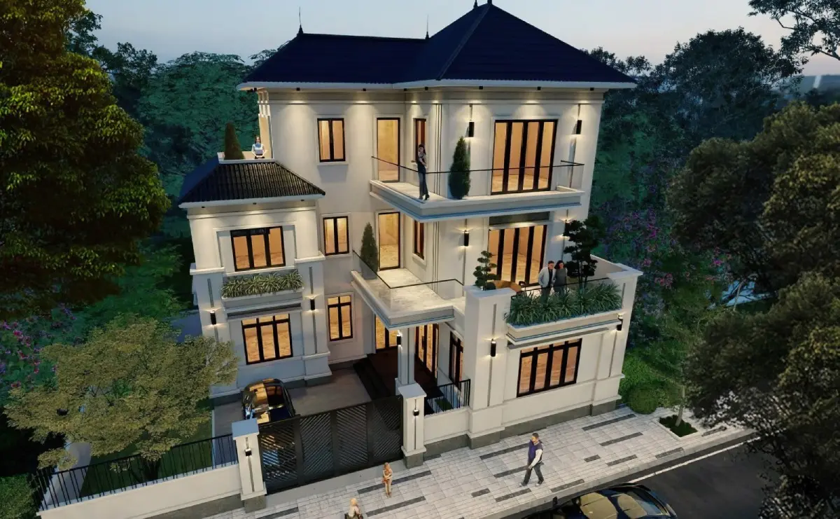 Mẫu nh&agrave; 3 tầng m&aacute;i Nhật c&oacute; s&acirc;n vườn xanh m&aacute;t bao quanh