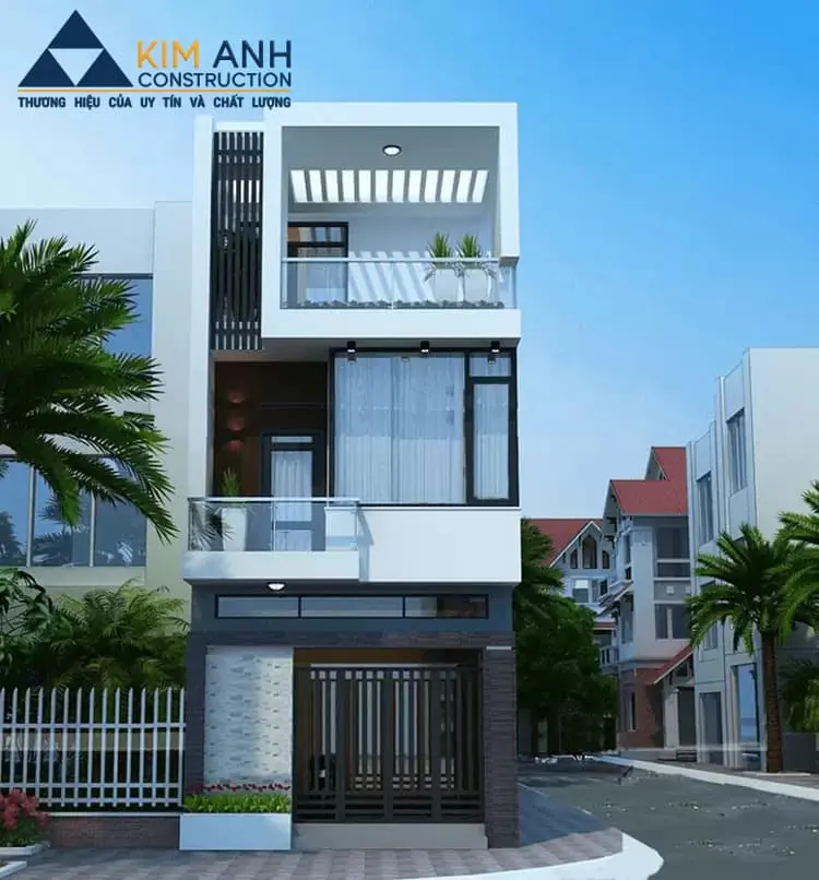 Mẫu nh&agrave; ống 3 tầng phong c&aacute;ch hiện đại tối giản, mặt tiền 5m, lam chắn nắng b&ecirc; t&ocirc;ng, t&ocirc;ng trắng x&aacute;m chủ đạo