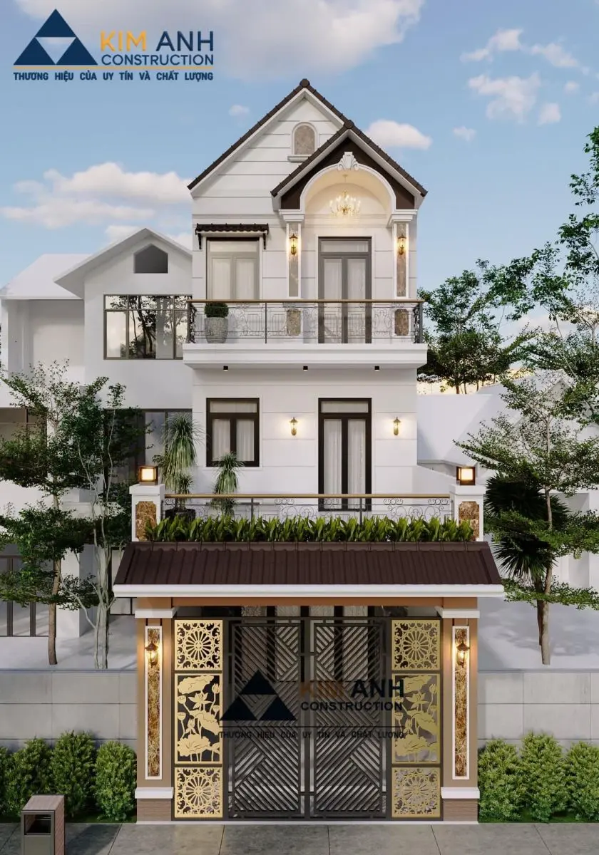 Mẫu nh&agrave; 3 tầng m&aacute;i Th&aacute;i, ng&oacute;i xi măng x&aacute;m, mặt tiền kết hợp k&iacute;nh v&agrave; tường trắng