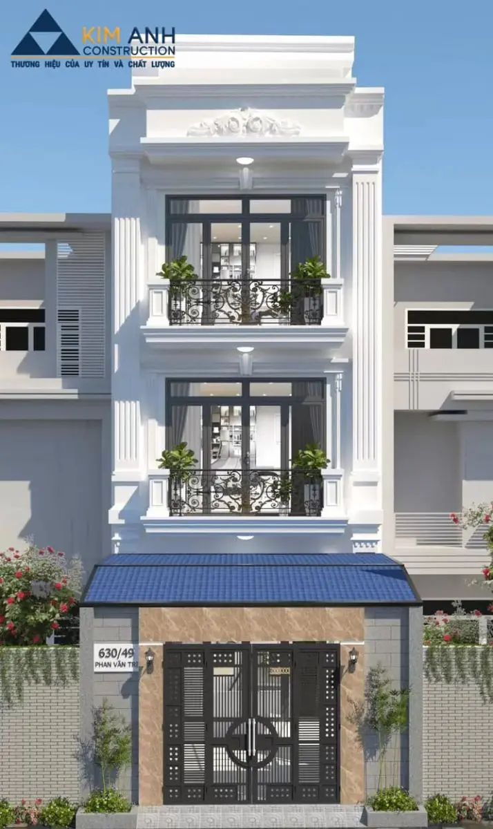 Mẫu nh&agrave; ống 3 tầng t&acirc;n cổ điển, ph&agrave;o chỉ đơn giản, lan can đ&uacute;c, mặt tiền 5m