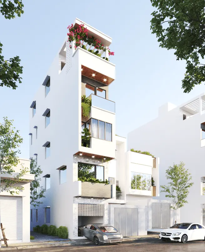 Mẫu nhà mặt tiền 5m không gian mở với vách kính lớn