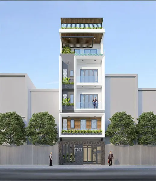 Mẫu mặt tiền 5m ốp nhựa giả gỗ (Conwood) ấm cúng, sang trọng