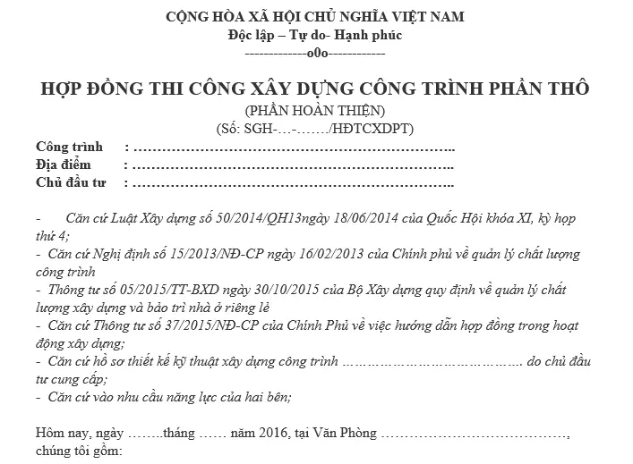 Mẫu hợp đồng thi công phần thô chuẩn pháp lý