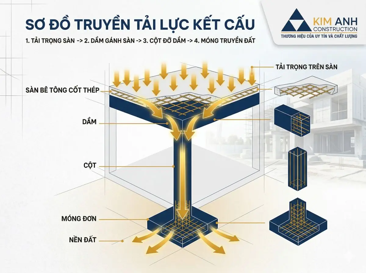 Hình ảnh: Sơ đồ minh họa hệ thống truyền tải lực từ Sàn -> Dầm -> Cột -> Móng trong kết cấu bê tông cốt thép toàn khối
