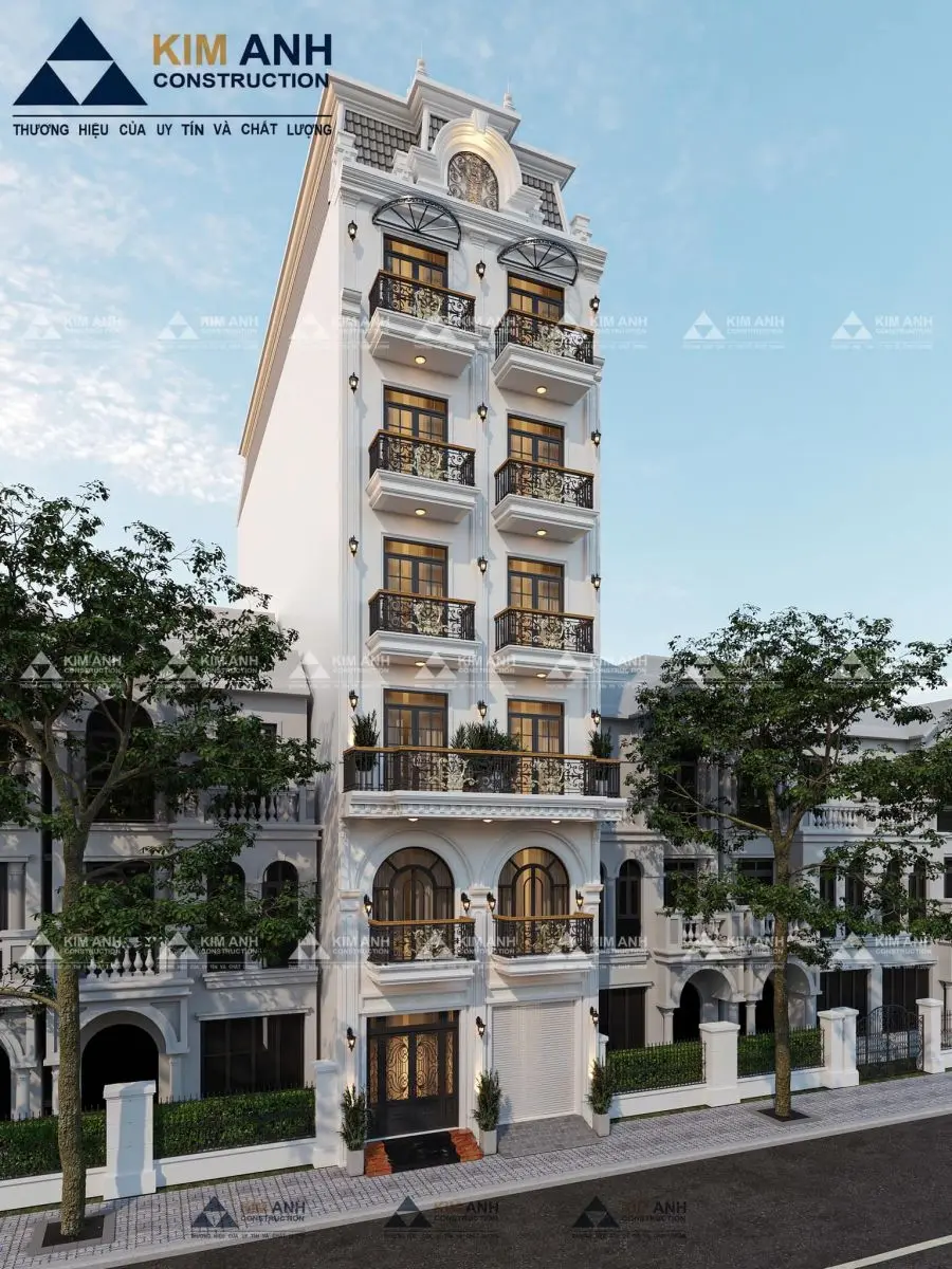 Phối cảnh toàn cảnh một căn biệt thự tân cổ điển sang trọng đang trong giai đoạn hoàn thiện mặt ngoài do Xây Dựng Kim Anh thi công tại TPHCM