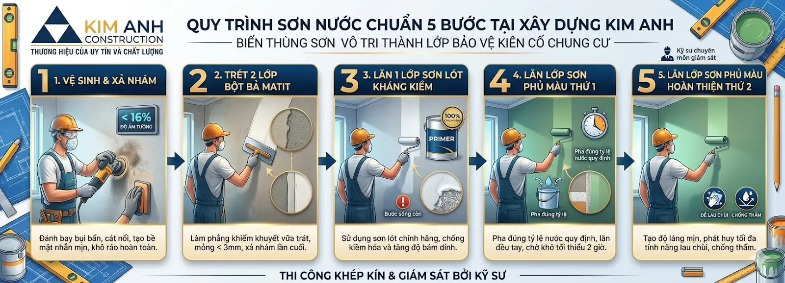 Quy tr&igrave;nh sơn nước chuẩn 5 bước tại X&acirc;y Dựng Kim Anh