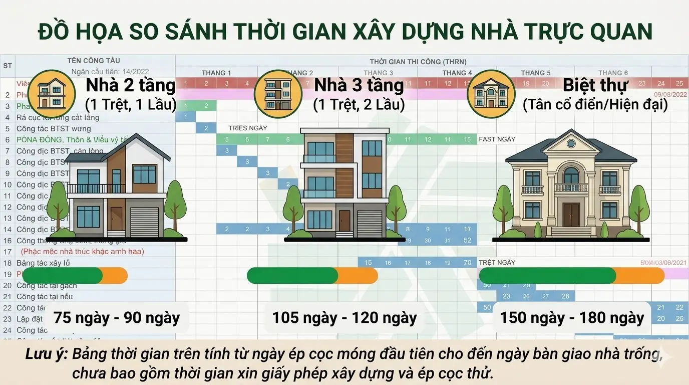 Đồ họa so s&aacute;nh thời gian x&acirc;y dựng giữa nh&agrave; 2 tầng, 3 tầng v&agrave; biệt thự