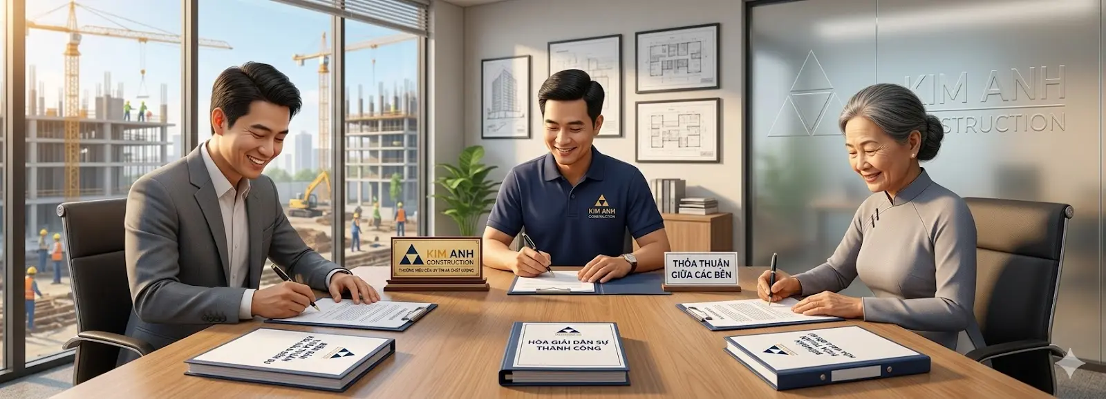 Buổi l&agrave;m việc h&ograve;a giải d&acirc;n sự th&agrave;nh c&ocirc;ng giữa chủ đầu tư, đại diện c&ocirc;ng ty x&acirc;y dựng v&agrave; h&agrave;ng x&oacute;m liền kề, c&ugrave;ng nhau k&yacute; v&agrave;o bi&ecirc;n bản thỏa thuận