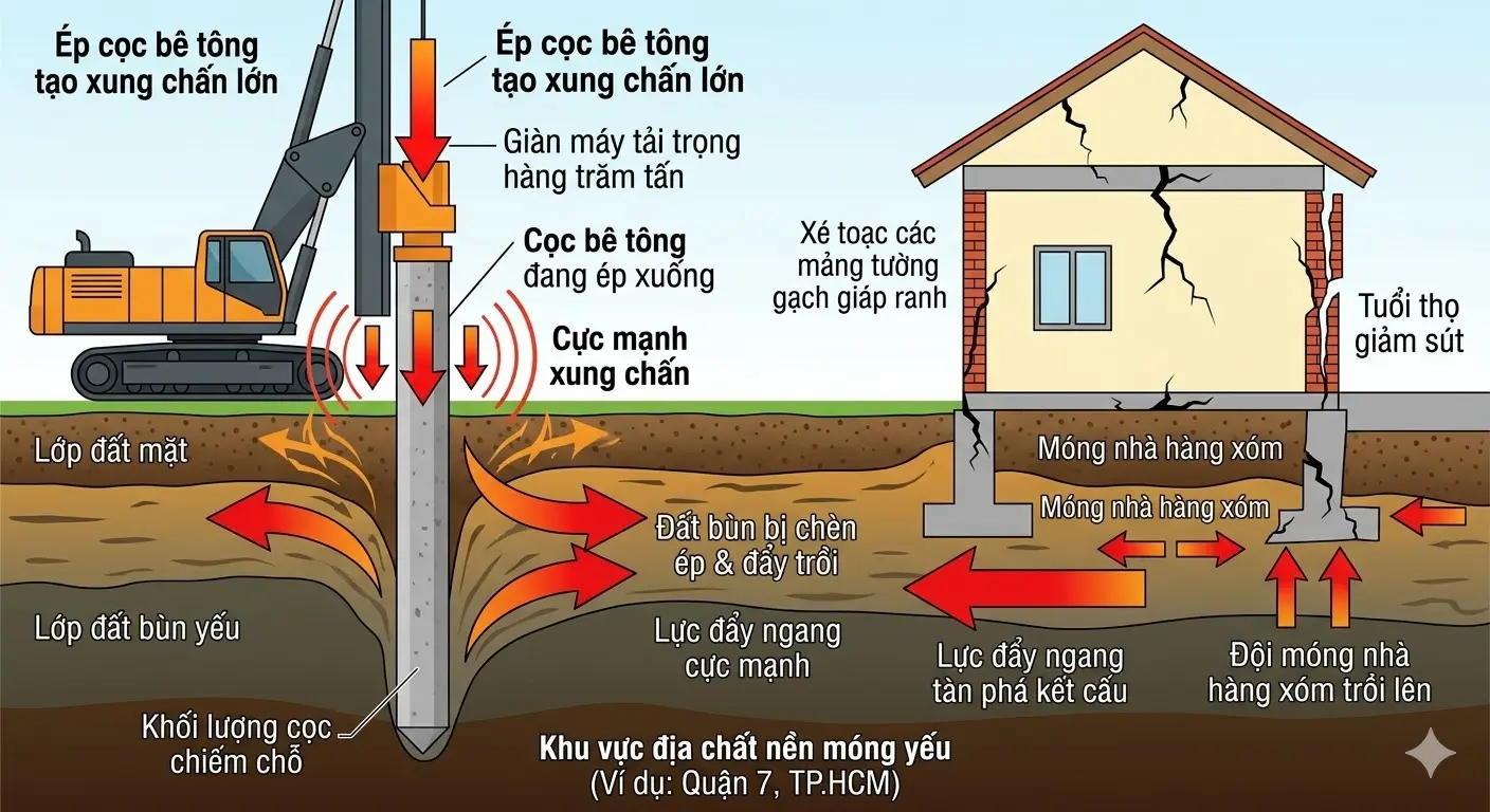 Đồ họa m&ocirc; phỏng mặt cắt dọc l&ograve;ng đất: Lực &eacute;p cọc tải trọng lớn đang ch&egrave;n &eacute;p v&agrave; đẩy trồi lớp đất b&ugrave;n sang m&oacute;ng nh&agrave; h&agrave;ng x&oacute;m