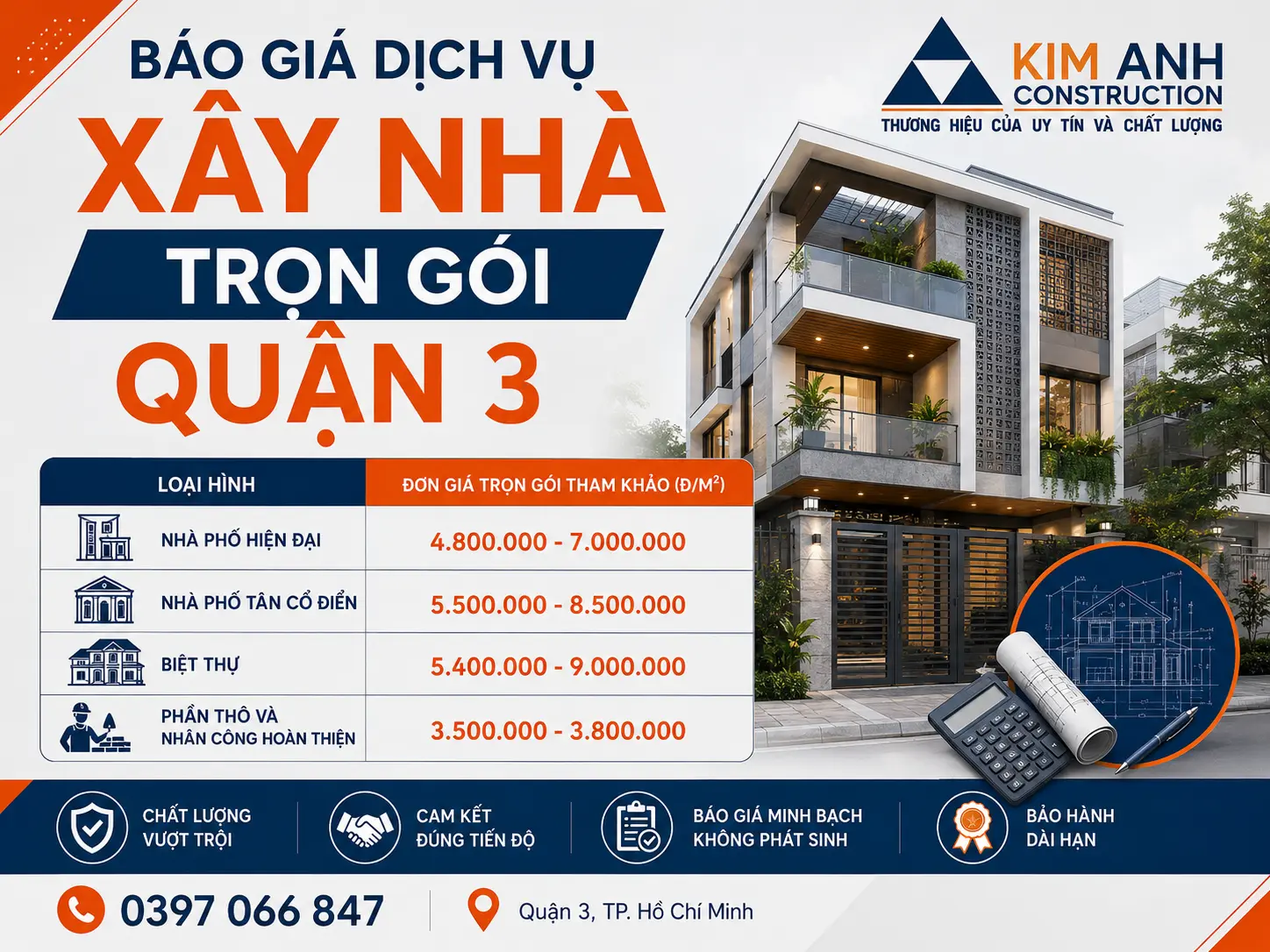 Bảng gi&aacute; x&acirc;y nh&agrave; trọn g&oacute;i tại Quận 3 của Kim Anh
